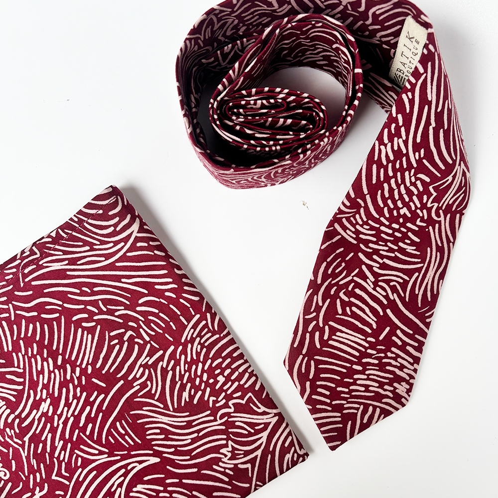 Crimson Driftwood batik necktie and pocket square close-up