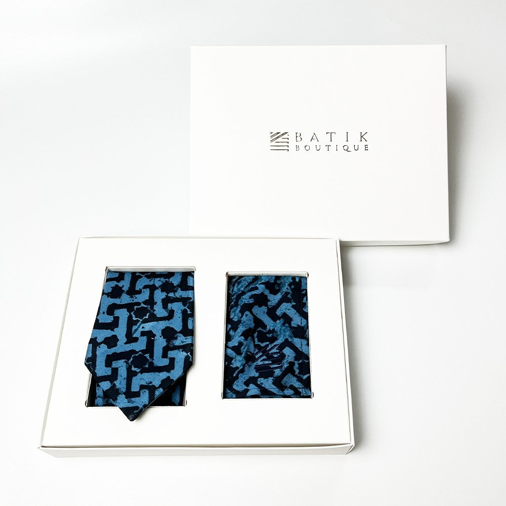 Batik Neck Tie & Pocket Square (Silk Cotton) - Midnight Arabesque in the box set 