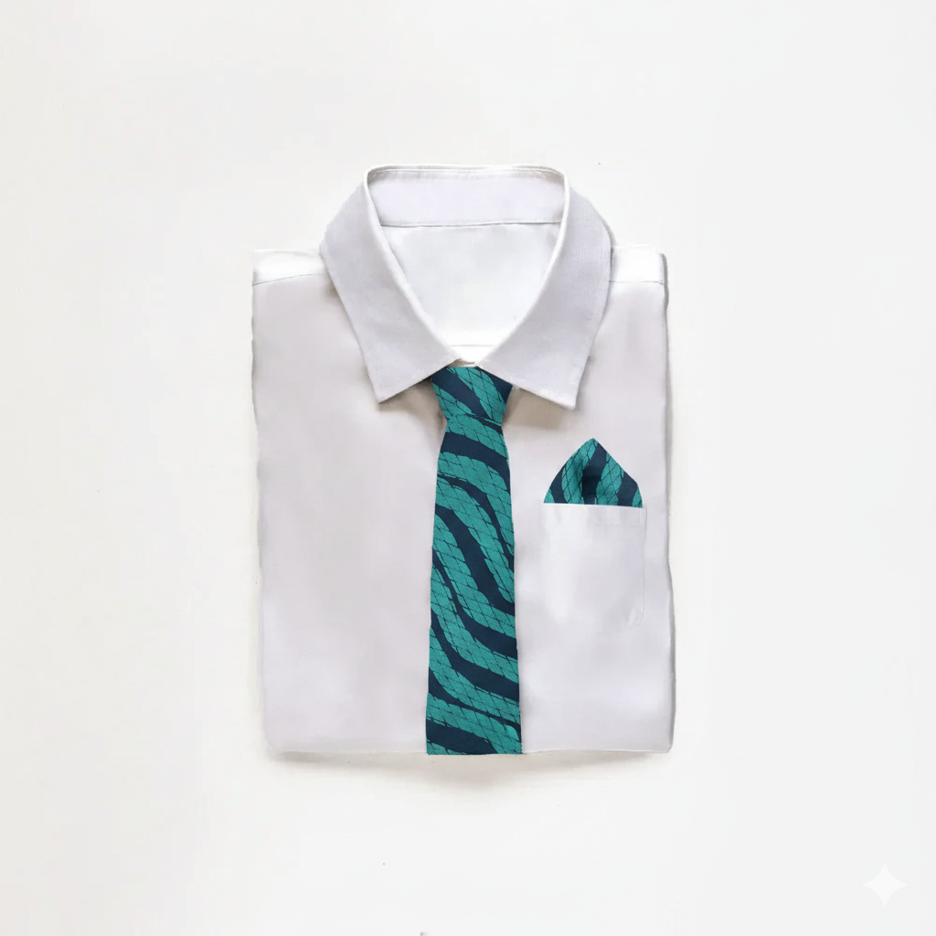 Batik Neck Tie & Pocket Square (Silk Cotton) - Teal Snakeskin with a white shirt