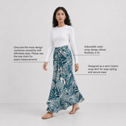 Woman wearing a long, patterned skirt with text describing its features on a white background
