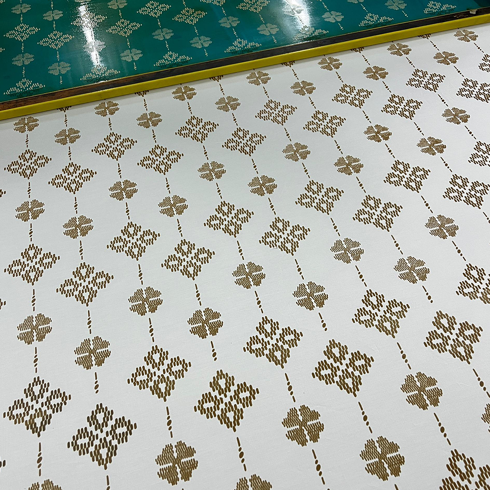 Patterned fabric with geometric design on a white background