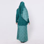 Person wearing a teal outfit with matching hijab on a white background