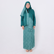 Woman wearing a teal traditional outfit with a matching headscarf on a white background