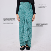 Teal wrap skirt with text on a white background