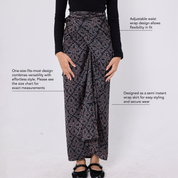 Patterned wrap skirt with text on a white background