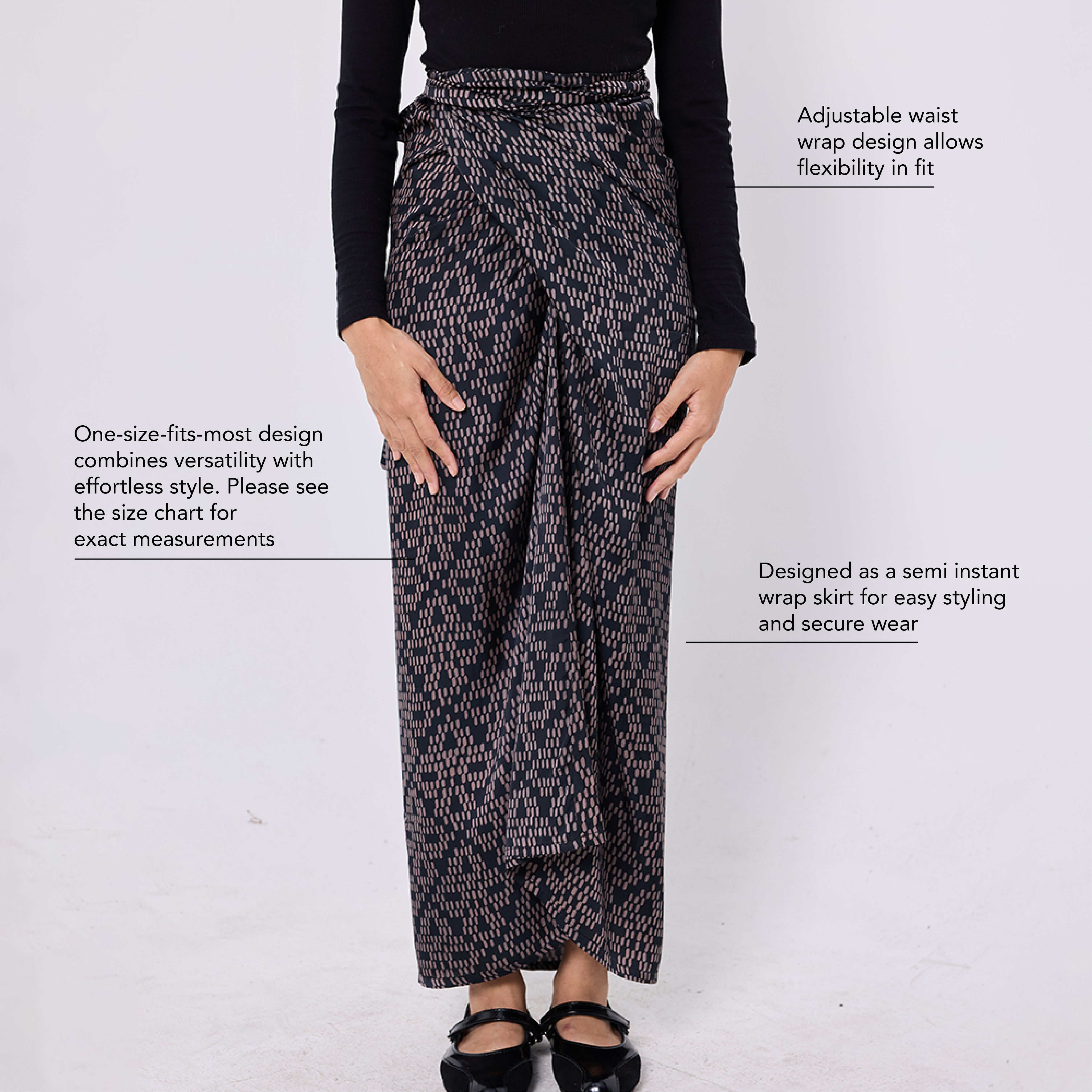 Patterned wrap skirt with text on a white background