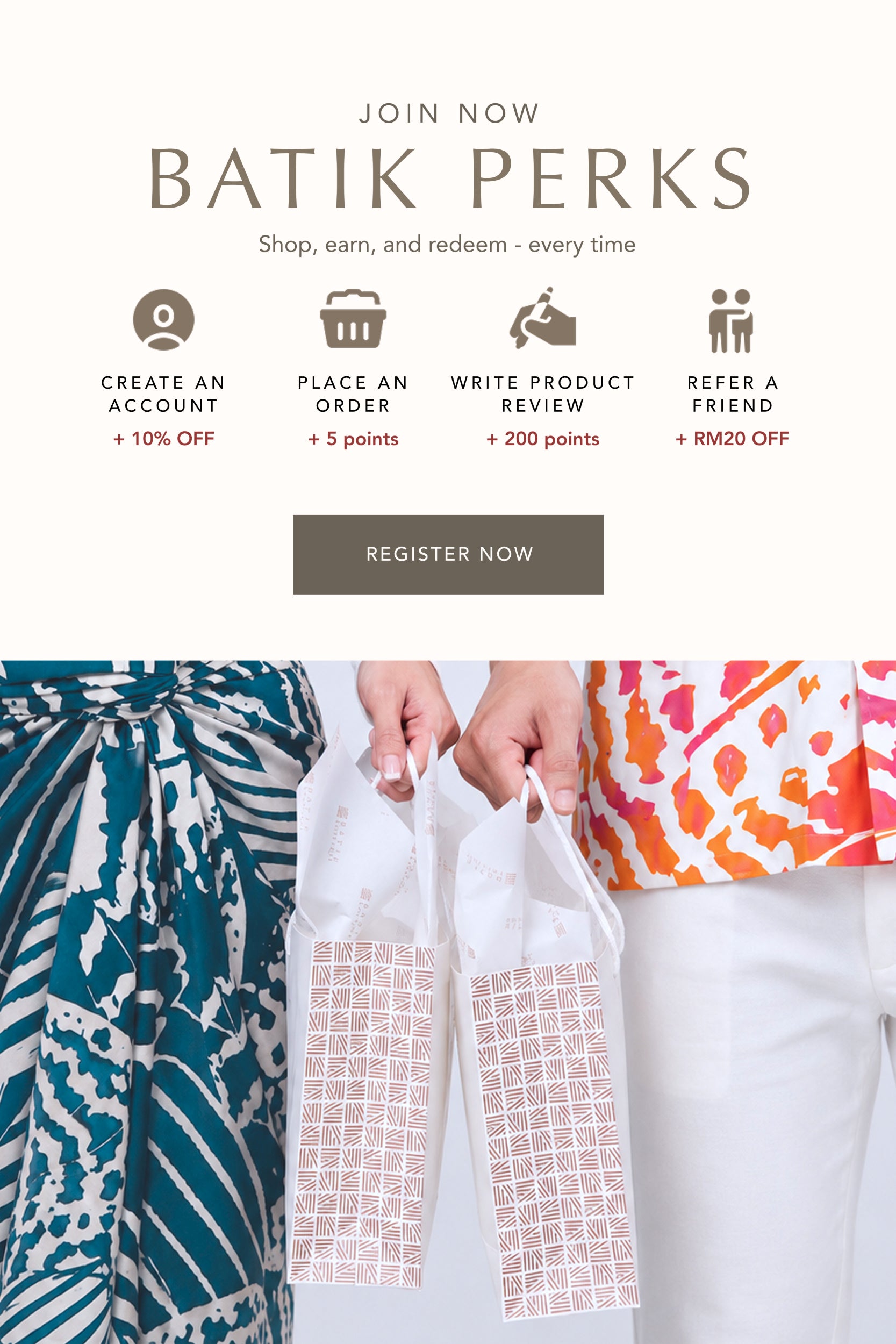 Promotional graphic for Batik perks featuring text at the top and a photo of people holding two white batik-patterned plastic bags. The top section includes icons and text for account creation, order placement, product review, and friend referral.