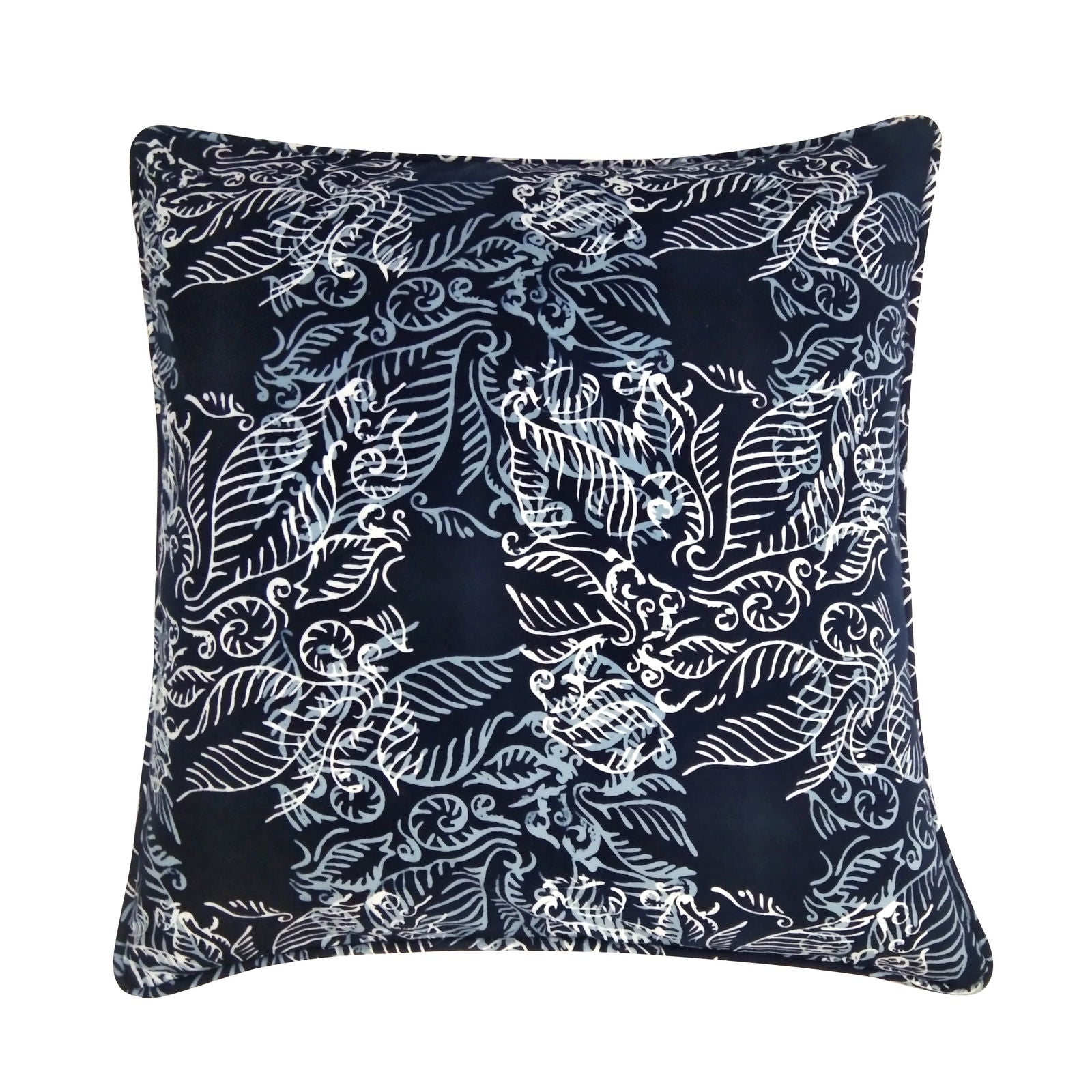 a batik blue nautical fern pillow cover agaisnt a white background