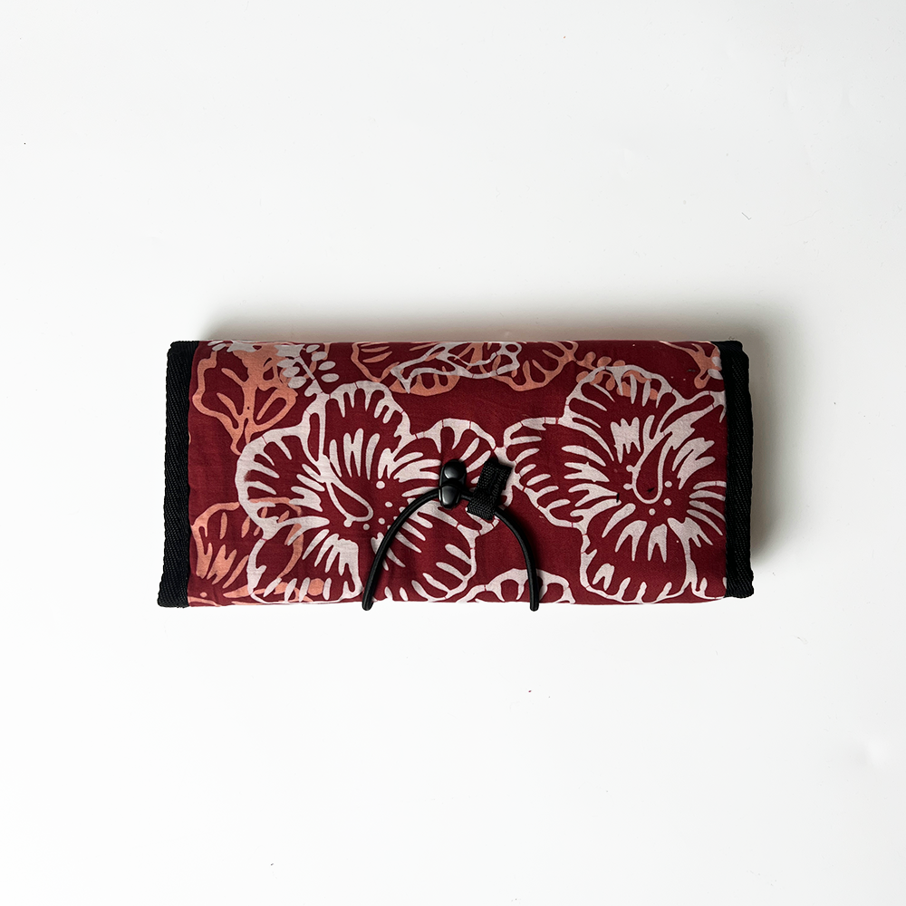 Tri-fold wallet with floral pattern on a white background