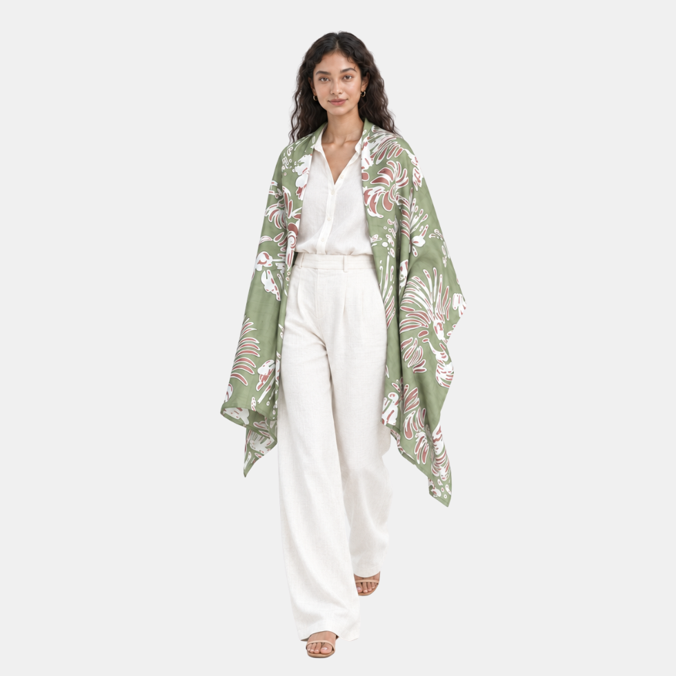 Woman facing front wearing green scarf