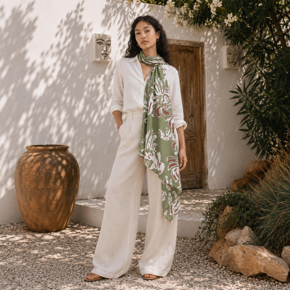 Woman wearing moss scarf standing outside