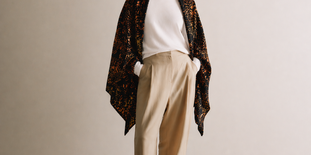 Person wearing a patterned shawl, white shirt, beige pants, and black shoes against a plain background