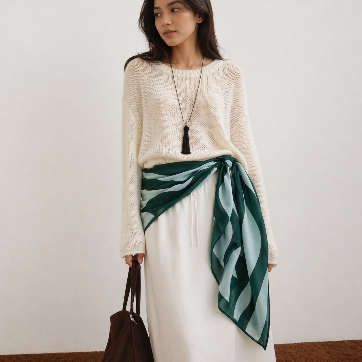 Woman wearing a white sweater and white skirt with a green and blue scarf, holding a brown bag.