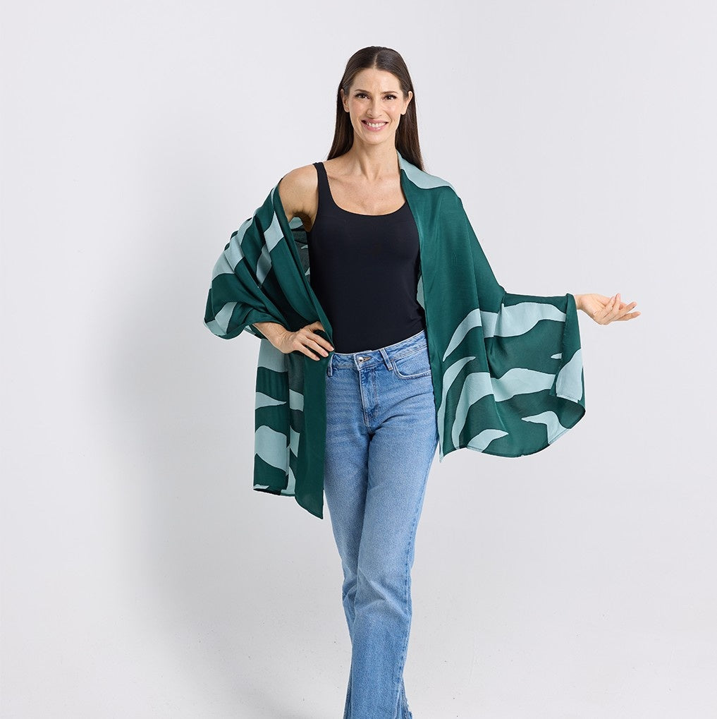 Emerlad rose scarf being worn by a model 