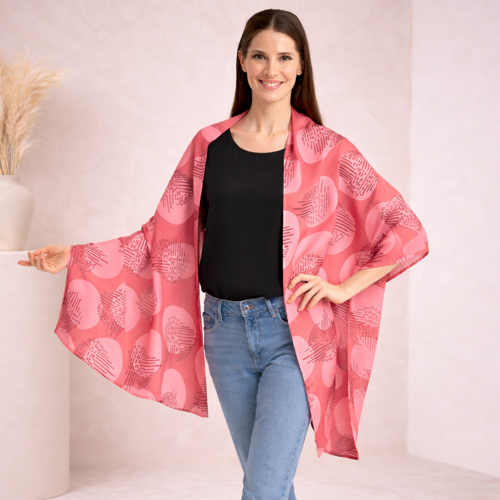 Woman wearing a pink patterned shawl over a black top and blue jeans on a light background