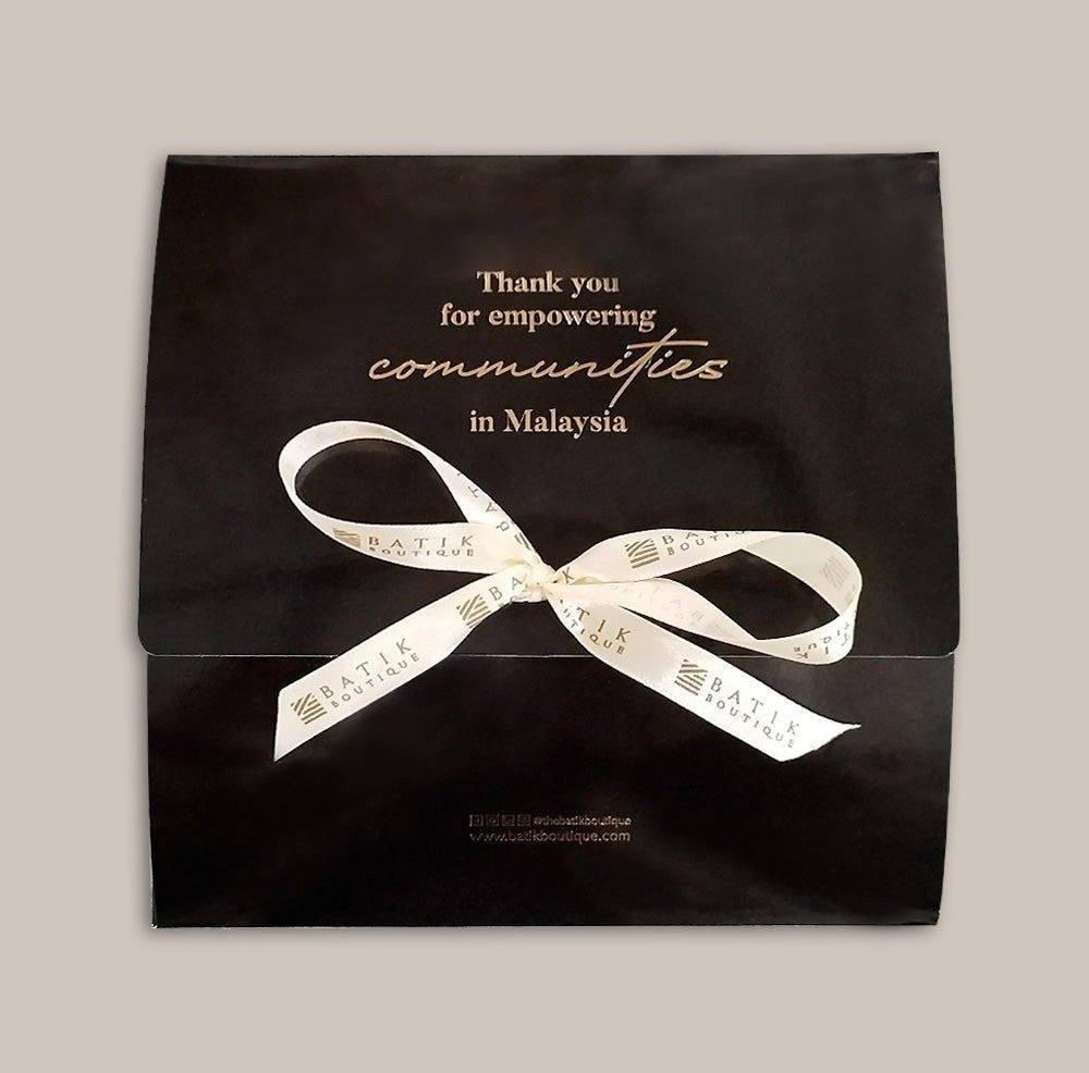 Batique boutique scarf in Starry palma  back of box. 