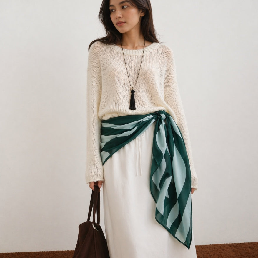 Woman wearing a white sweater and white skirt with a green and blue scarf, holding a brown bag.