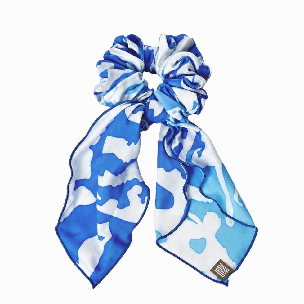 Flatlay of blue printed batik scrunchy