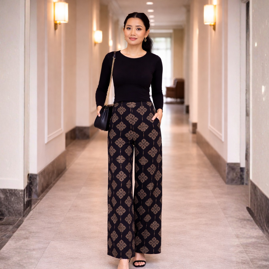 Woman in a black top and patterned pants walking down a hallway.