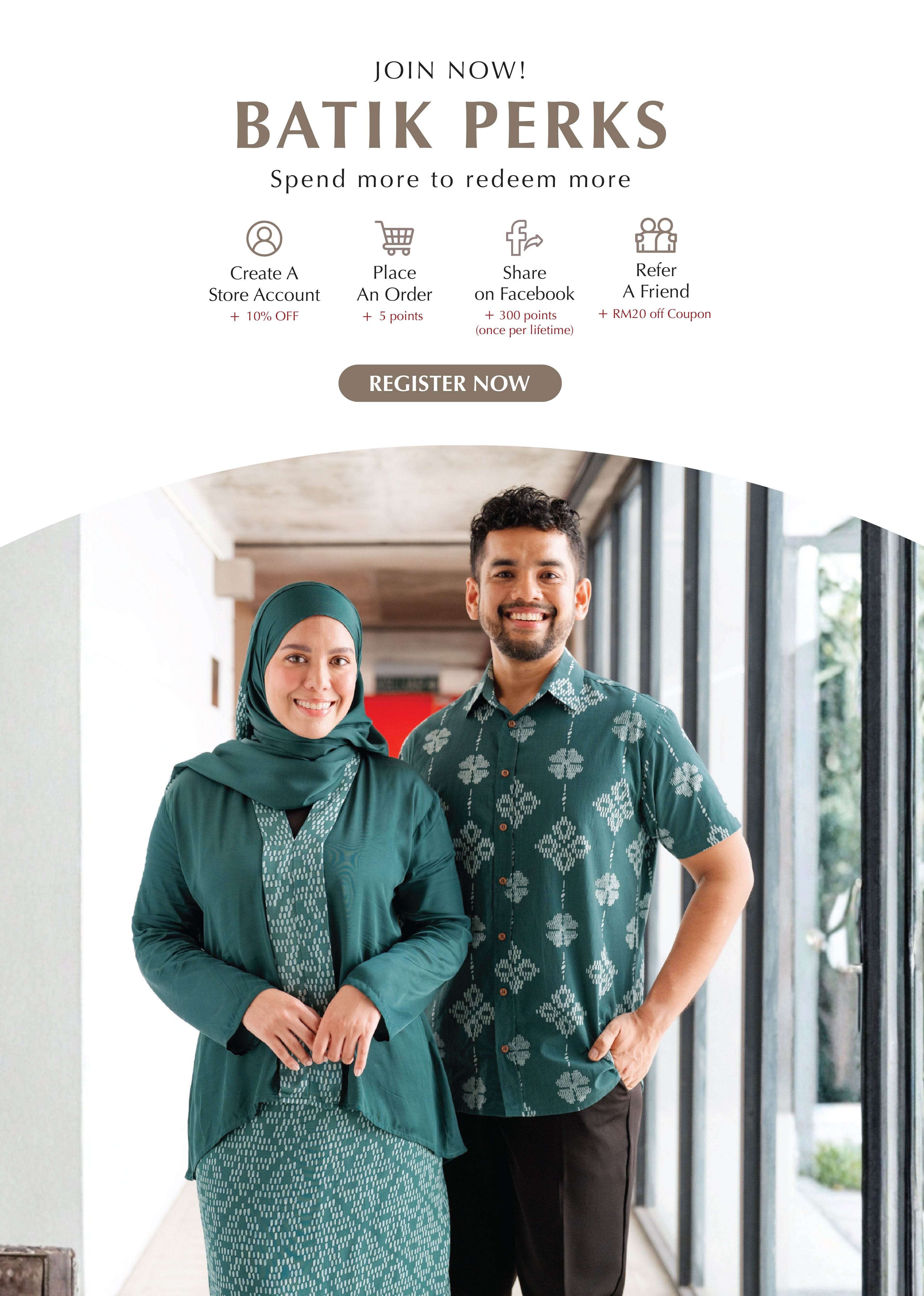 Promotional image for Batik Perks with a couple wearing matching green batik outfits.