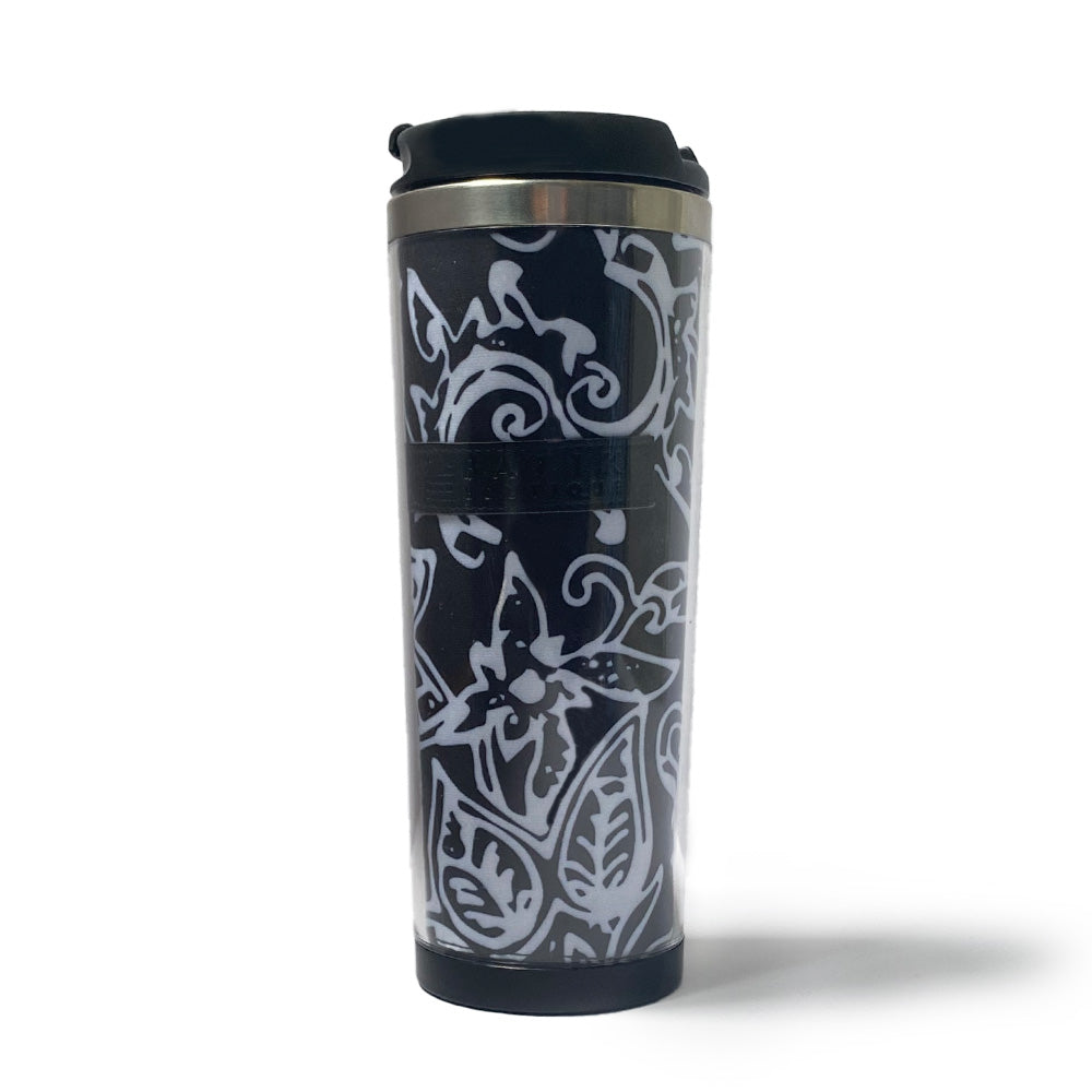 a front view photo of a tumbler made of batik in the pattern black bunga