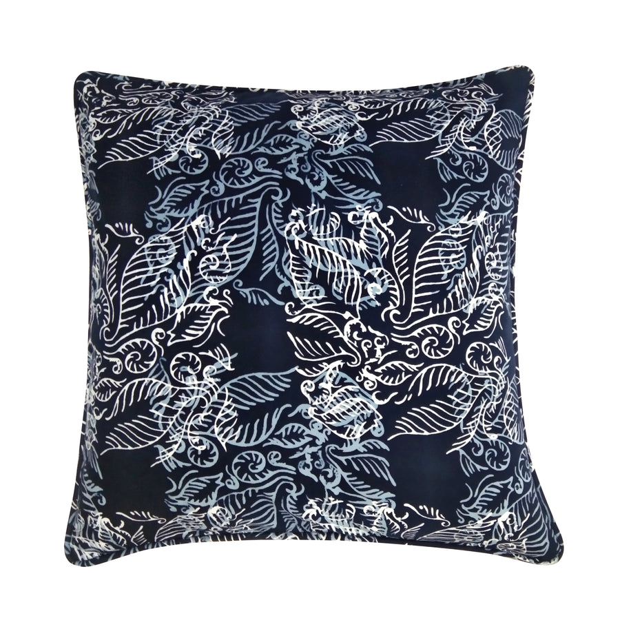 A whitebox photo of batik pillow cover in blue nautical fern pattern