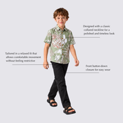 Kid wearing green shirt with labelled features