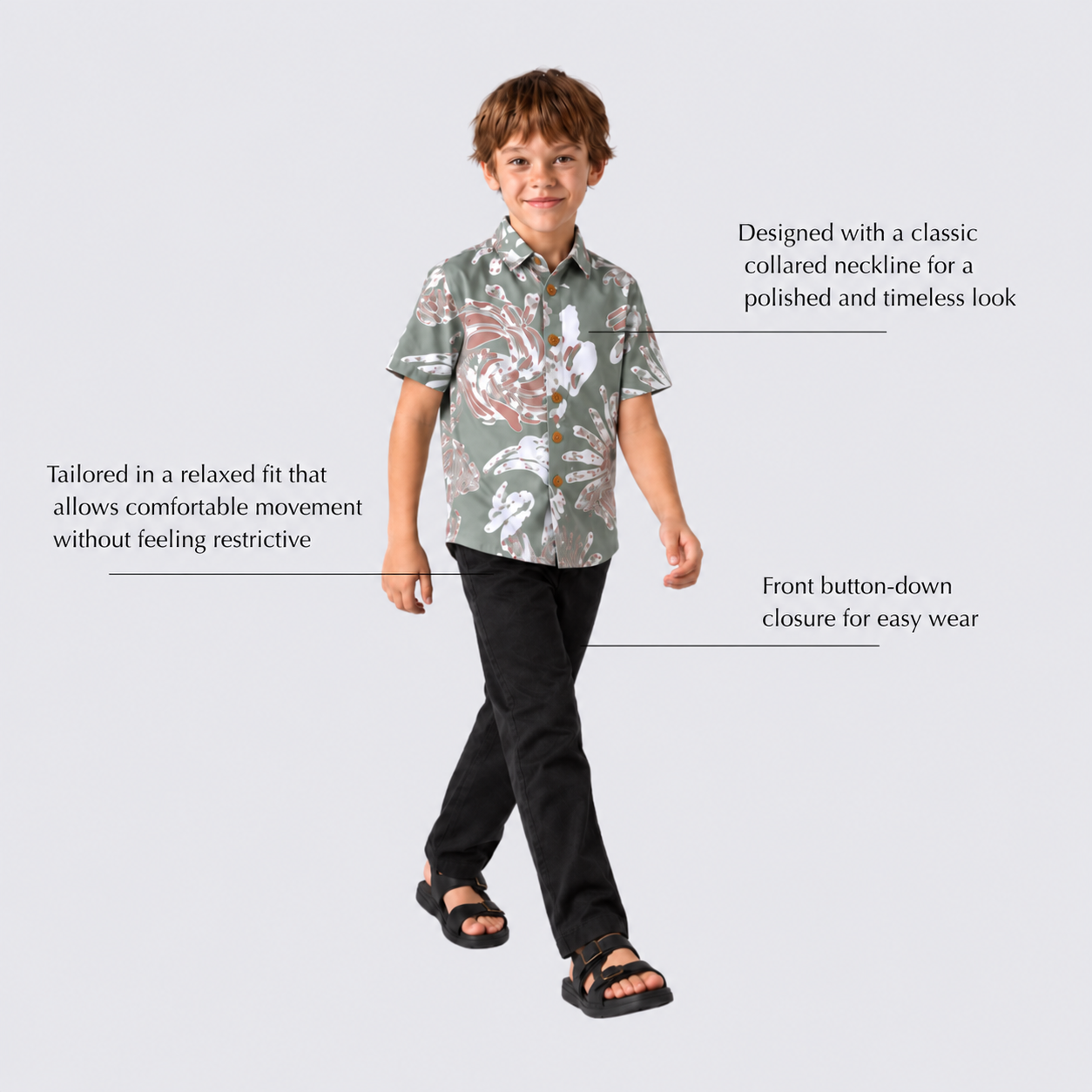 Boy wearing green printed batik shirt with labelled features