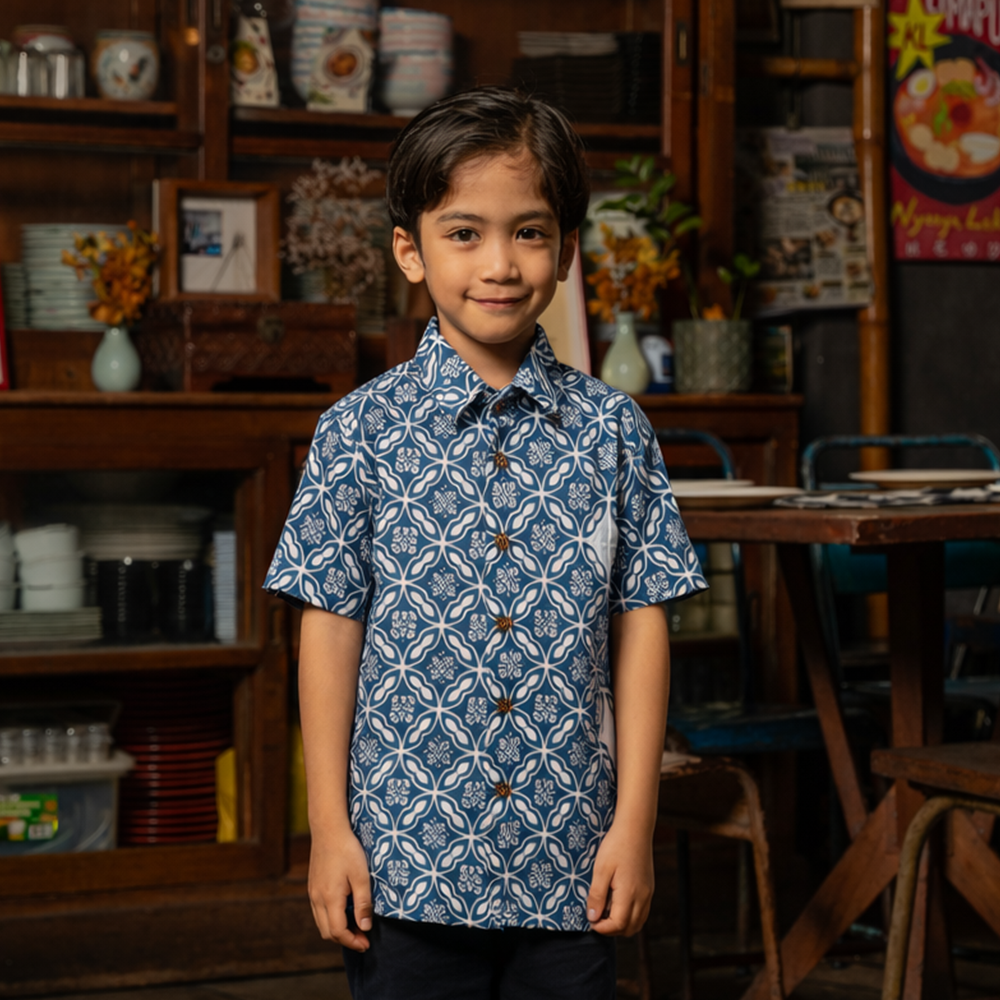 Young boy wearing a blue patterned shirt standing in a room with wooden furniture and decor.