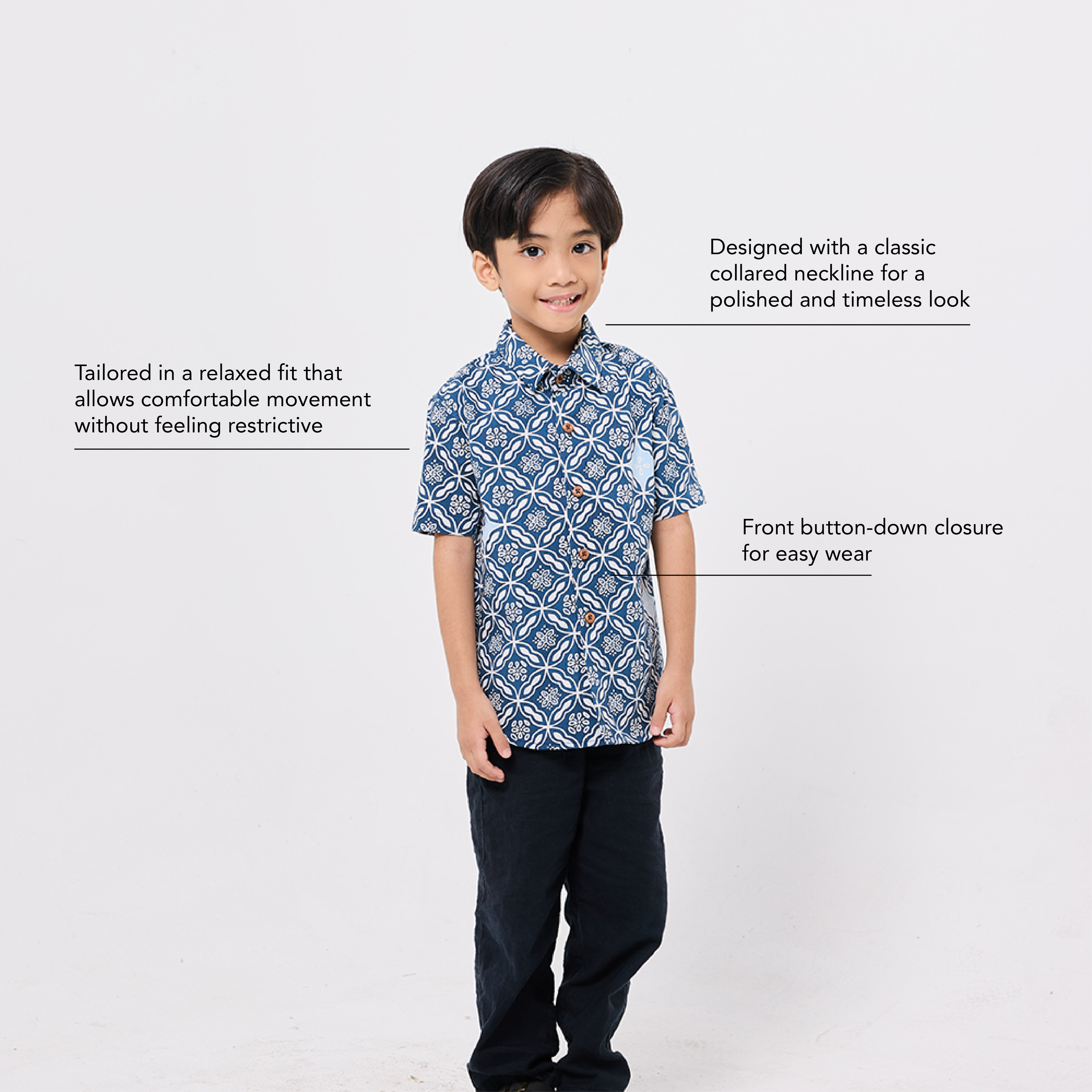 Child wearing a blue patterned shirt with text describing its features on a white background