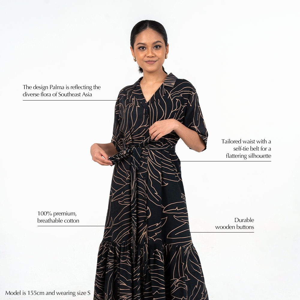 Batik Boutique Onyx Palma Button-Up Dress featuring premium breathable cotton, tailored waist with self-tie belt, and durable wooden buttons