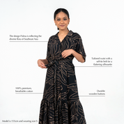 Batik Boutique Onyx Palma Button-Up Dress featuring premium breathable cotton, tailored waist with self-tie belt, and durable wooden buttons