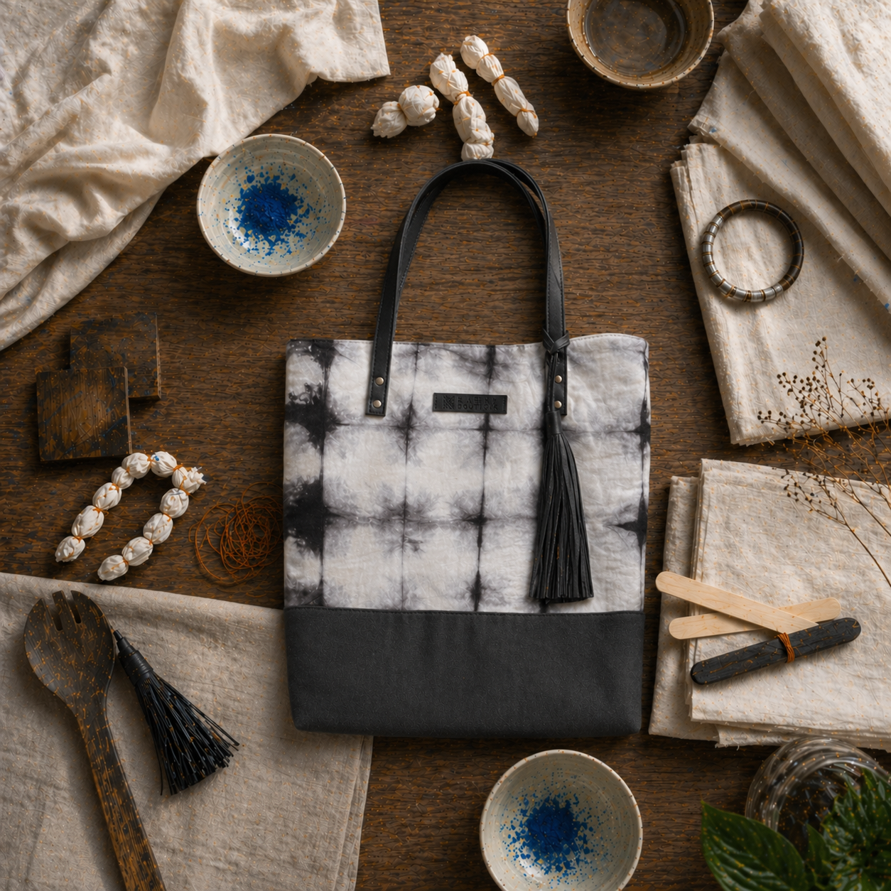 Tie-dye tote bag with tassel on a rustic wooden table with various items.