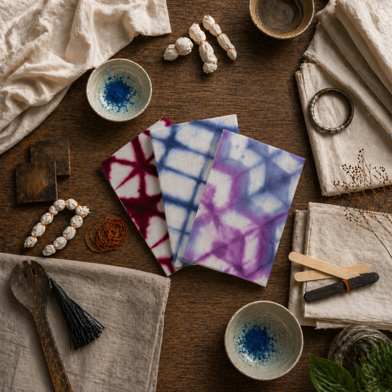Handmade tie-dye fabric samples on a wooden surface with ceramic bowls and natural materials.