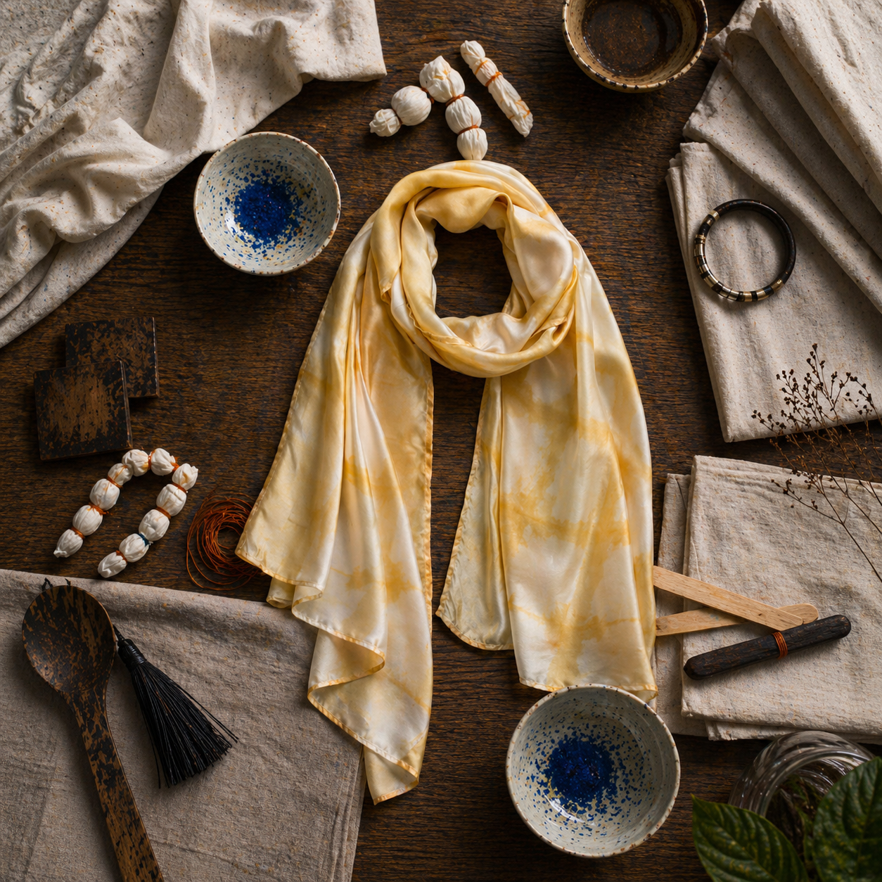 Yellow tie-dye scarf on a wooden surface with ceramic bowls and fabric items.