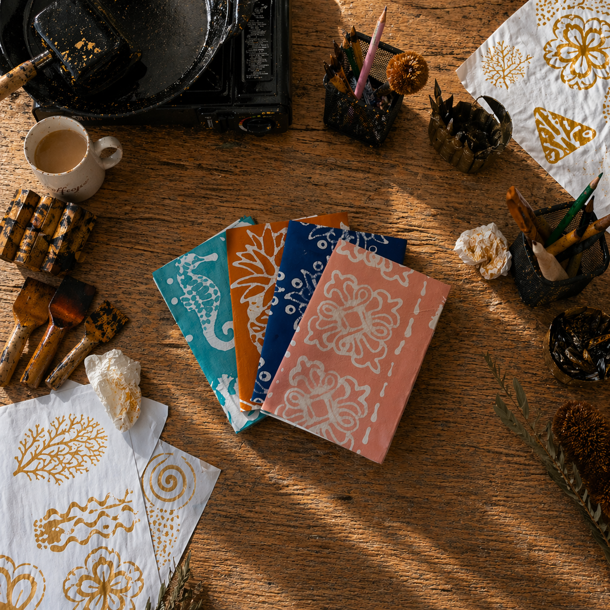 Decorative cards with intricate patterns on a wooden surface with a cup of coffee and stationery items.