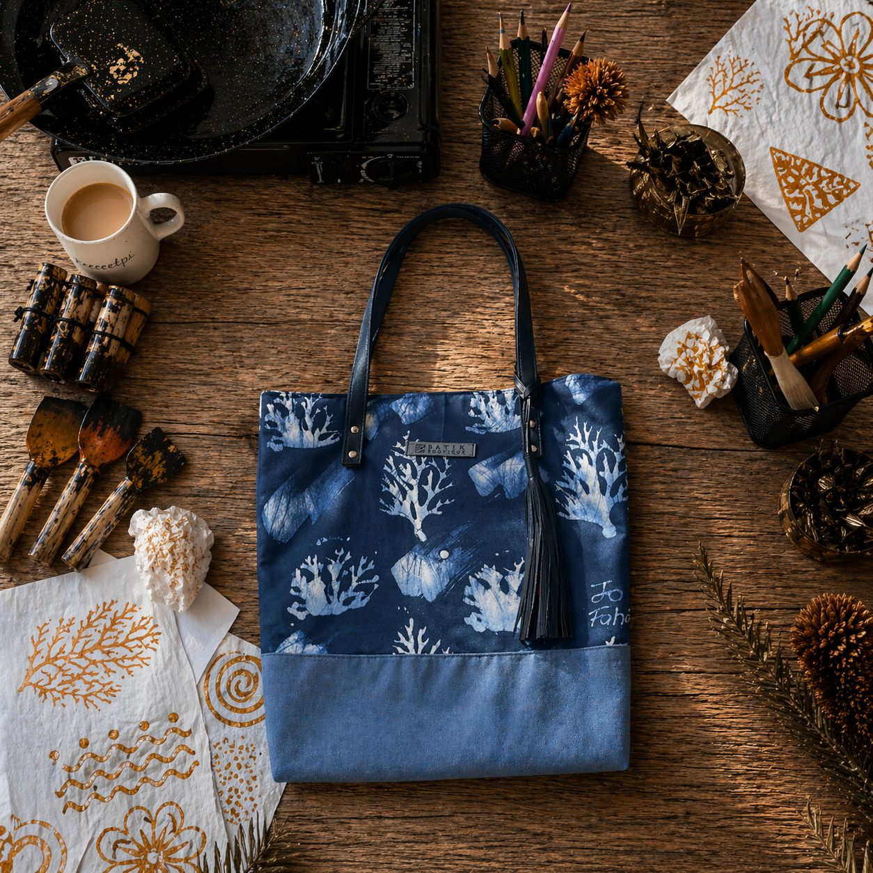 Blue patterned tote bag on a wooden surface with decorative items.