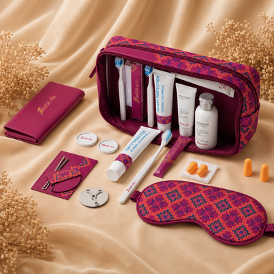 Travel set with toiletries and accessories on a beige fabric background