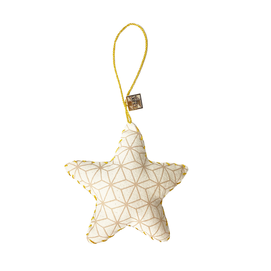 a whitebox photo of a reversible star ornament in the pattern tan nautical fern