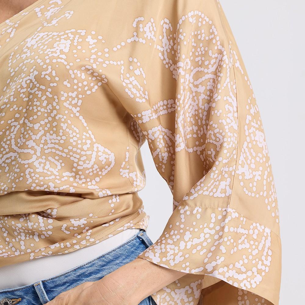 close up of the women's tie front kimono in tan orchid print 