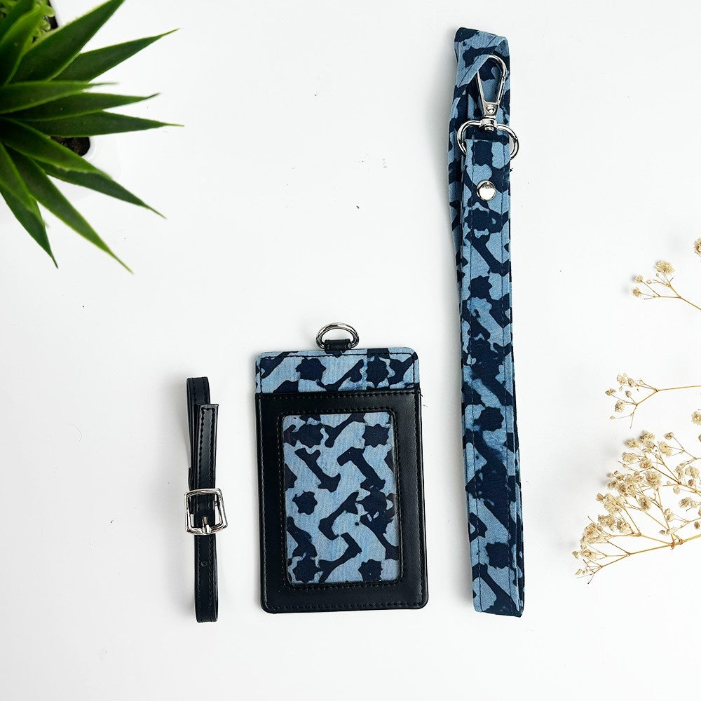 batik card case with lanyard in midnight arabesque 