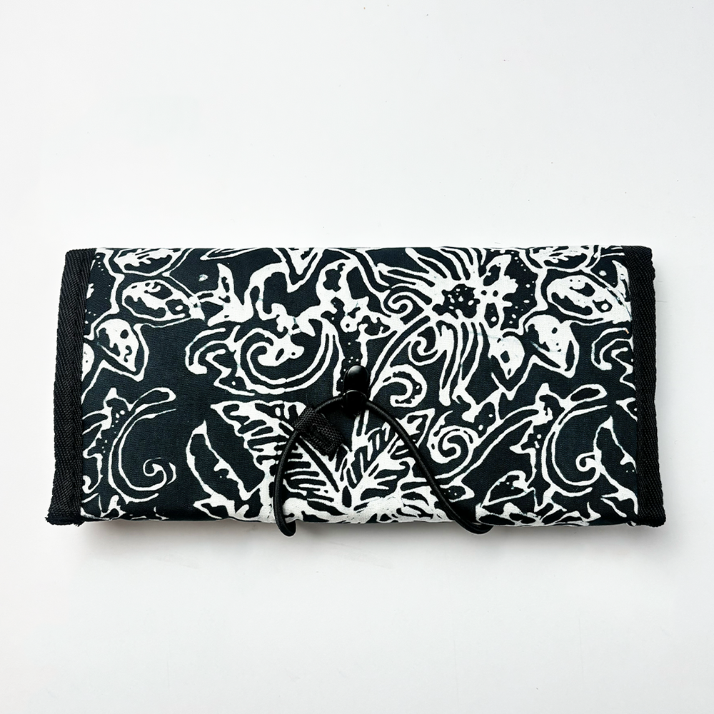 Batik Roll-Up Travel Pouch - Black Floret
