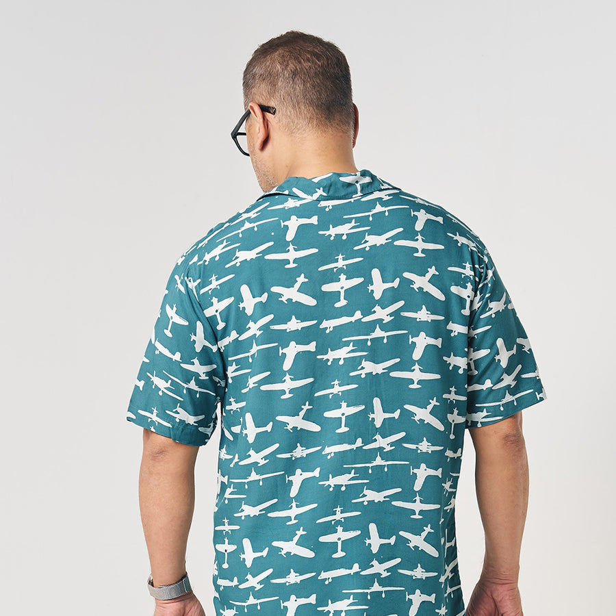 Men's Batik Cuban Shirt - Turquoise Airplane Batik Boutique