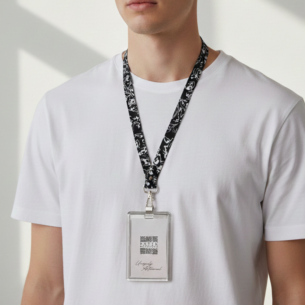 Batik Lanyard in Black Floret worn by a model in a lifestyle photo 
