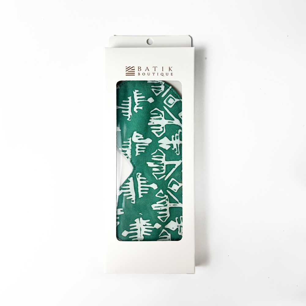 Turquoise Tikar batik eye mask packaged in Batik Boutique white box with viewing window, showcasing handcrafted Malaysian batik design.
