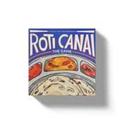 A square game box titled 'Roti Canai The Game' by Faculty of Fun, featuring a colorful illustration of a roti with curry and rice on a blue background, shown on a white background with a soft drop shadow.