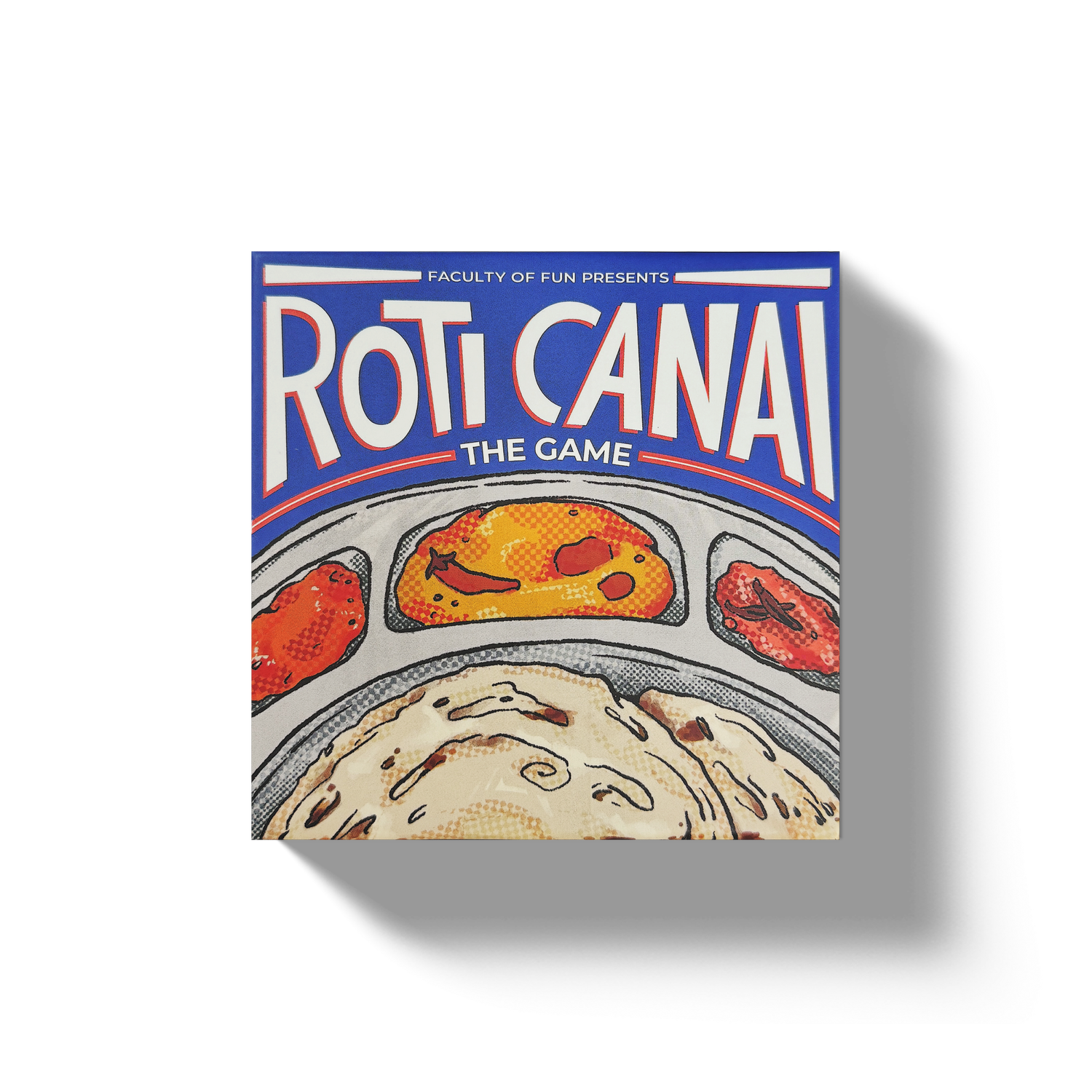 A square game box titled 'Roti Canai The Game' by Faculty of Fun, featuring a colorful illustration of a roti with curry and rice on a blue background, shown on a white background with a soft drop shadow.