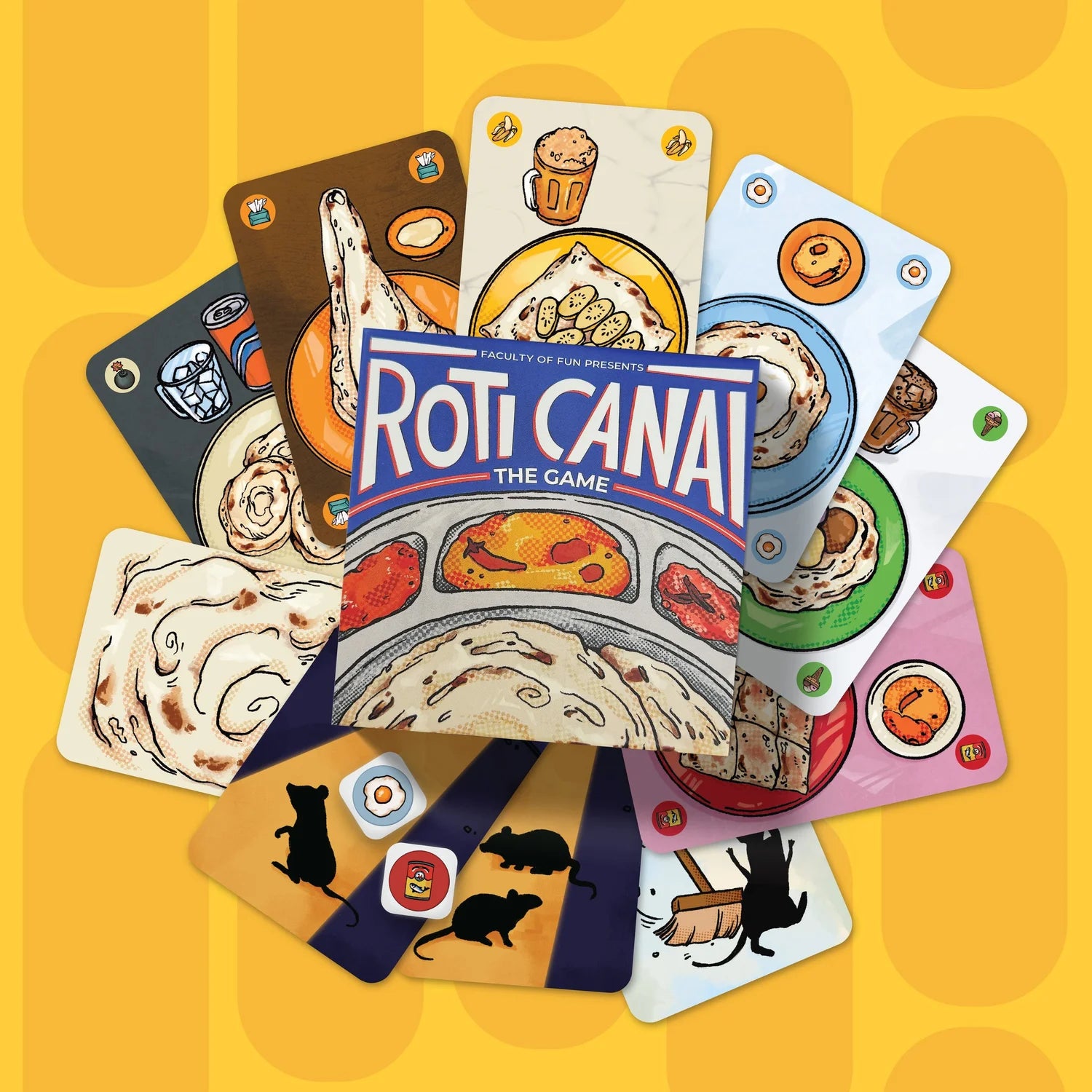 A fanned-out display of illustrated game cards for Roti Canai The Game, featuring colorful food-themed cards on a bright yellow background with subtle orange circles.