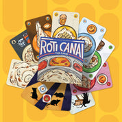 A fanned-out display of illustrated game cards for Roti Canai The Game, featuring colorful food-themed cards on a bright yellow background with subtle orange circles.