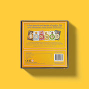 Card game box with text and images on a yellow background